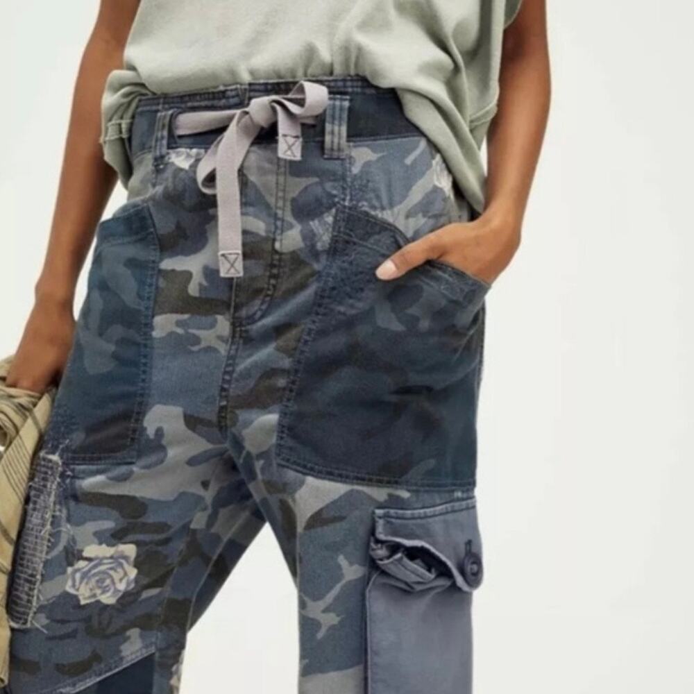 Free People | Zion Printed Barrel Leg Harem Pants Blue Camo Patchwork XS